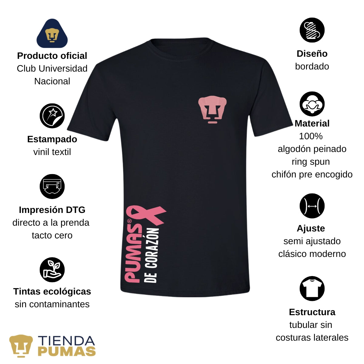 Playera Hombre Pumas UNAM De corazón logo rosa