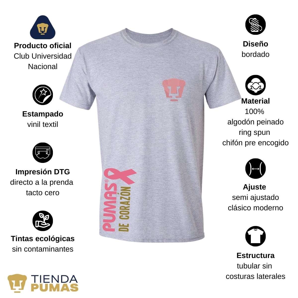 Playera Hombre Pumas UNAM De corazón logo rosa