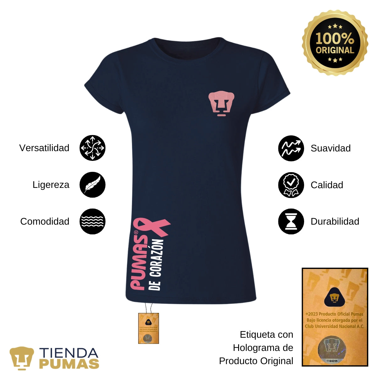 Playera Mujer Pumas UNAM De corazón logo rosa