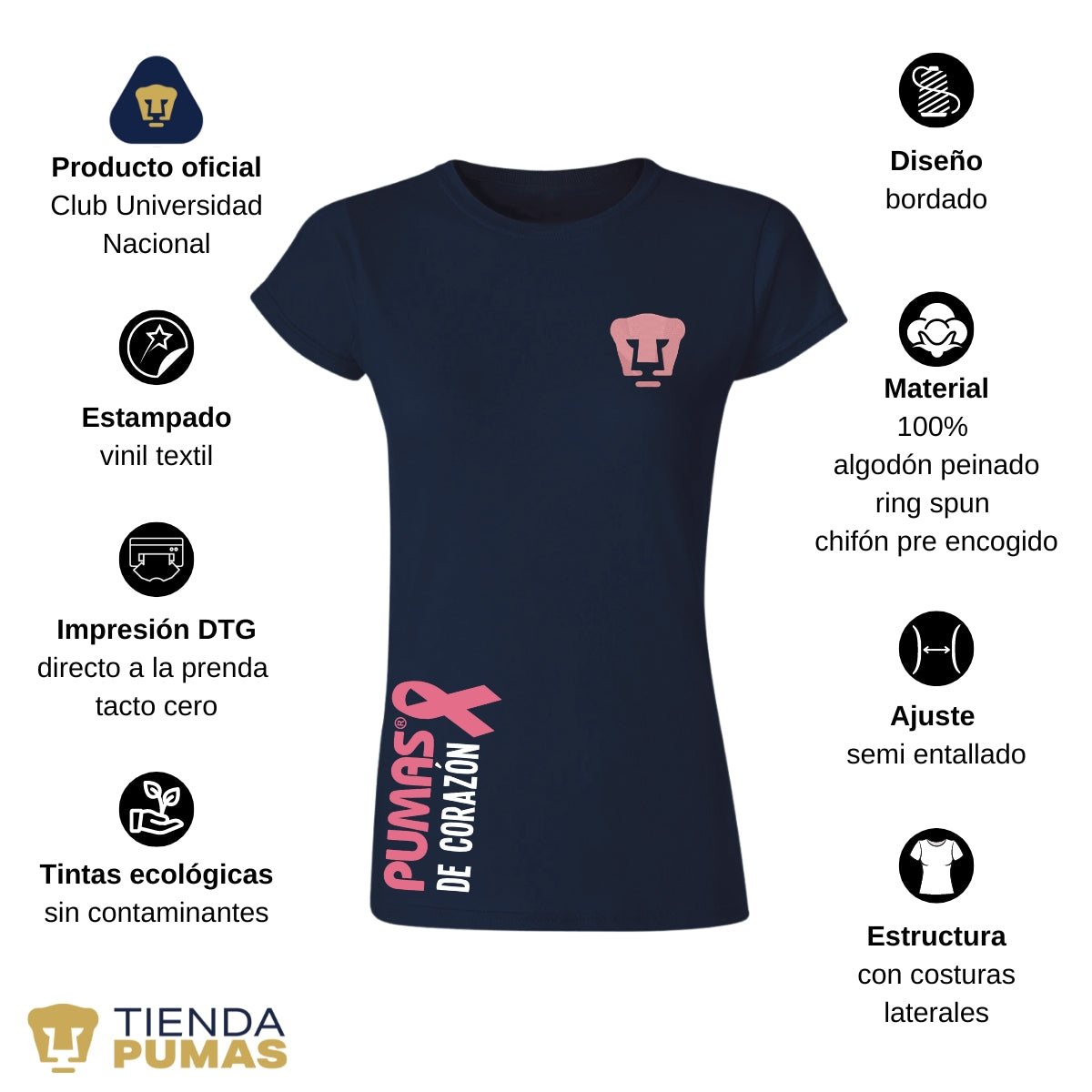 Playera Mujer Pumas UNAM De corazón logo rosa