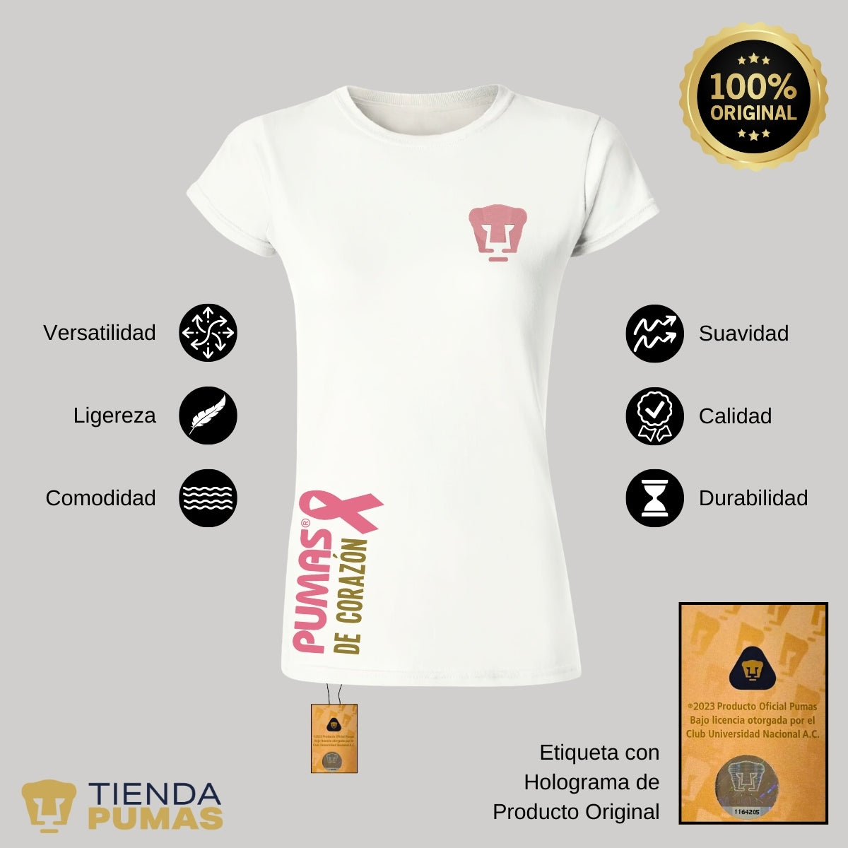 Playera Mujer Pumas UNAM De corazón logo rosa