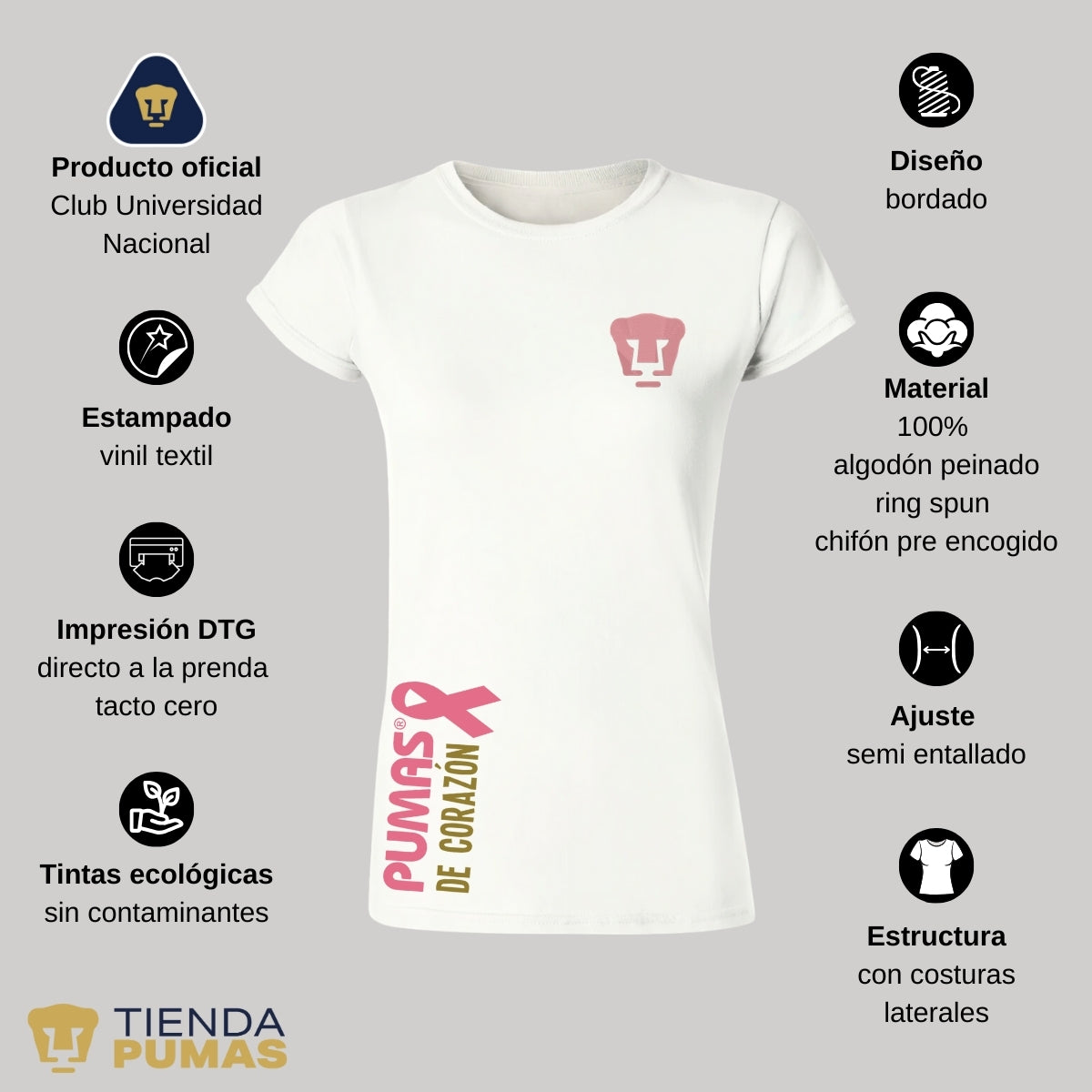 Playera Mujer Pumas UNAM De corazón logo rosa