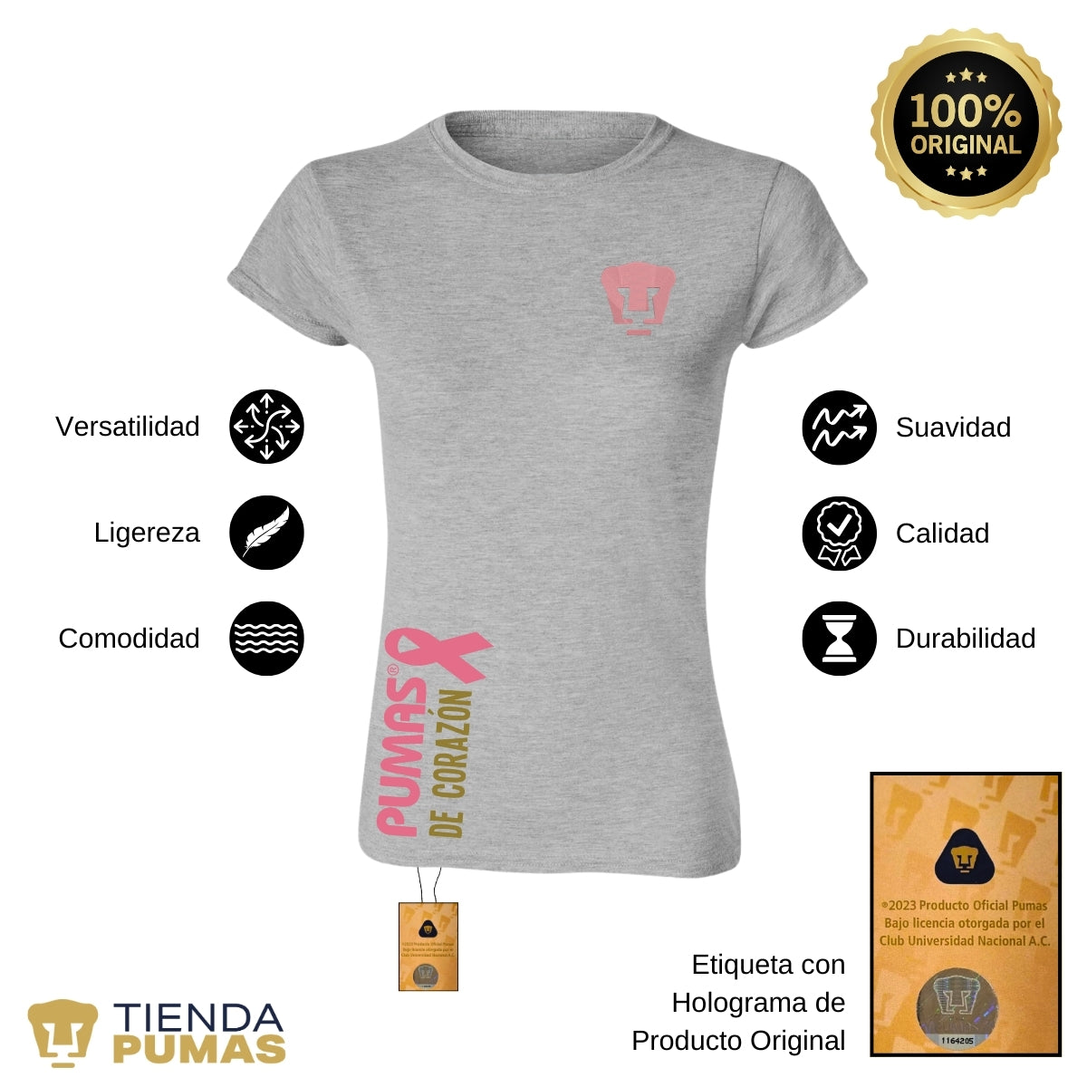 Playera Mujer Pumas UNAM De corazón logo rosa