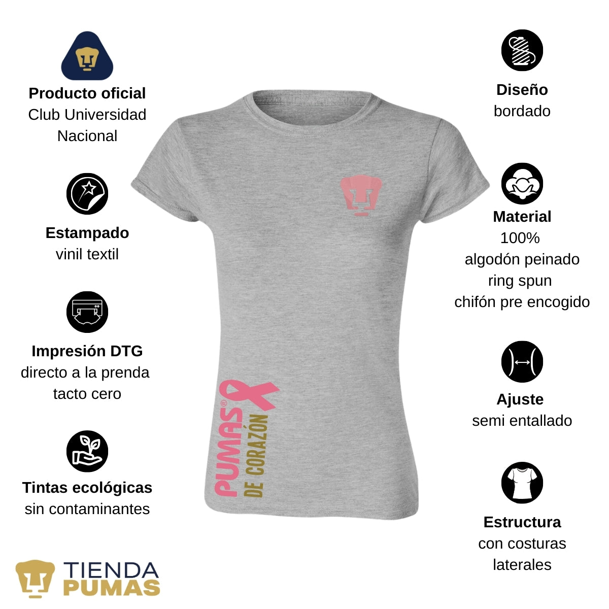 Playera Mujer Pumas UNAM De corazón logo rosa