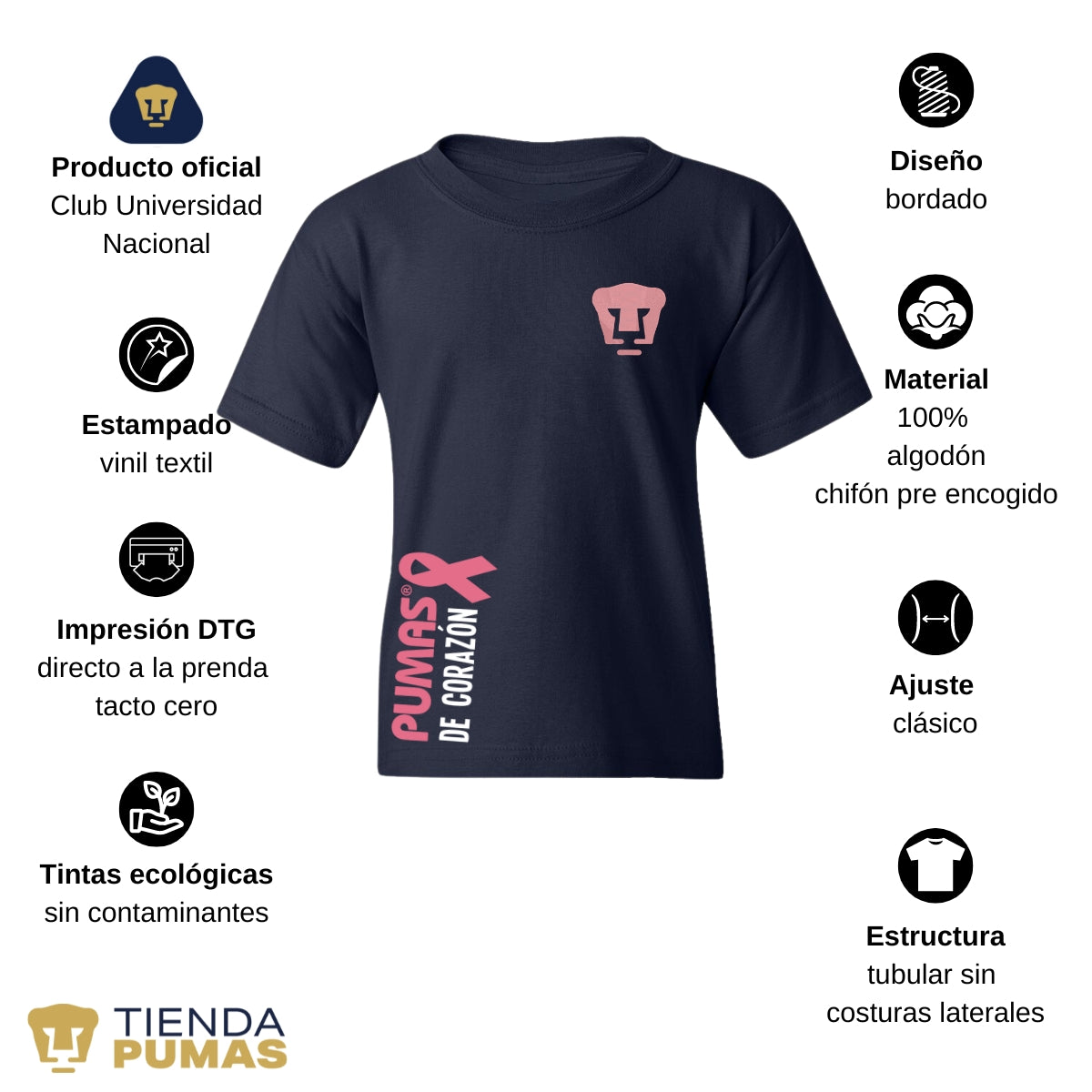 Playera Niños Pumas UNAM De corazón logo rosa