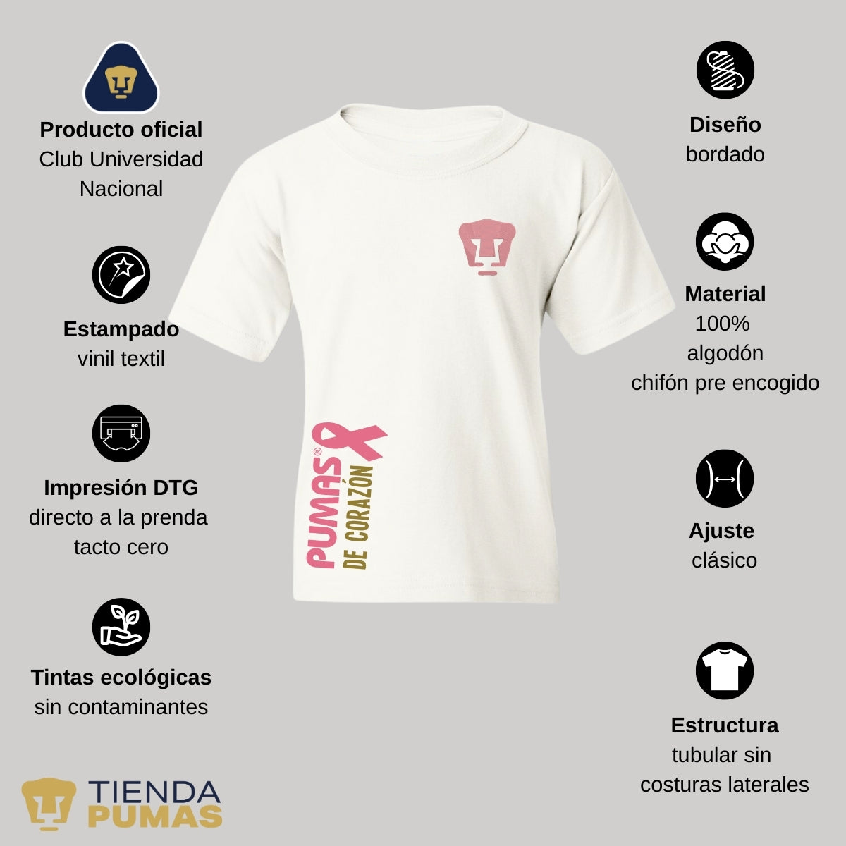 Playera Niños Pumas UNAM De corazón logo rosa