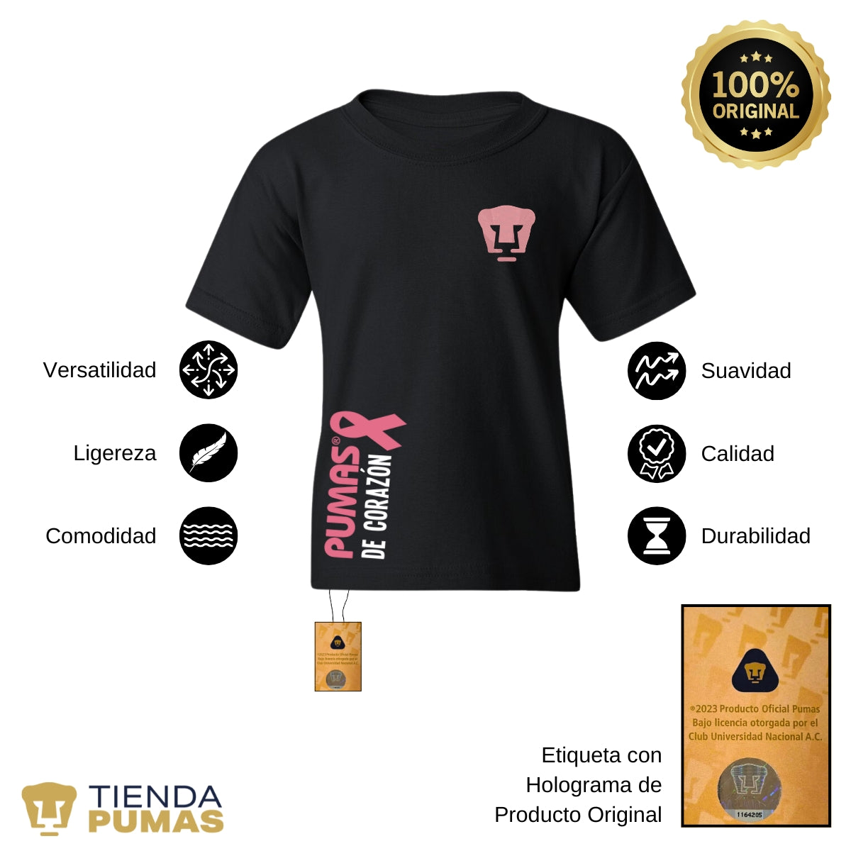 Playera Niños Pumas UNAM De corazón logo rosa