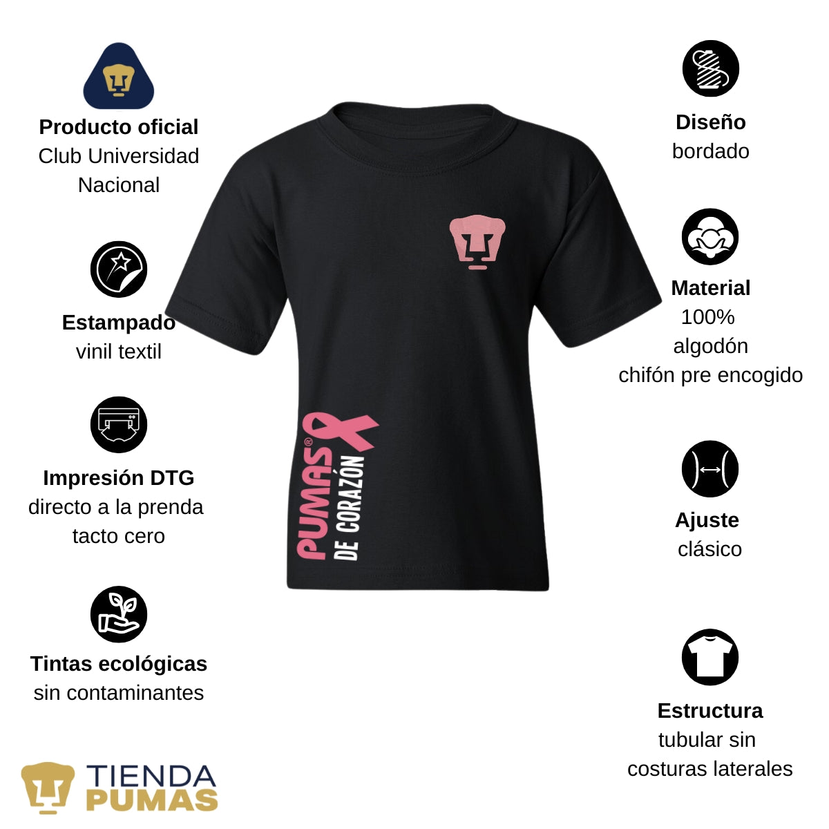 Playera Niños Pumas UNAM De corazón logo rosa