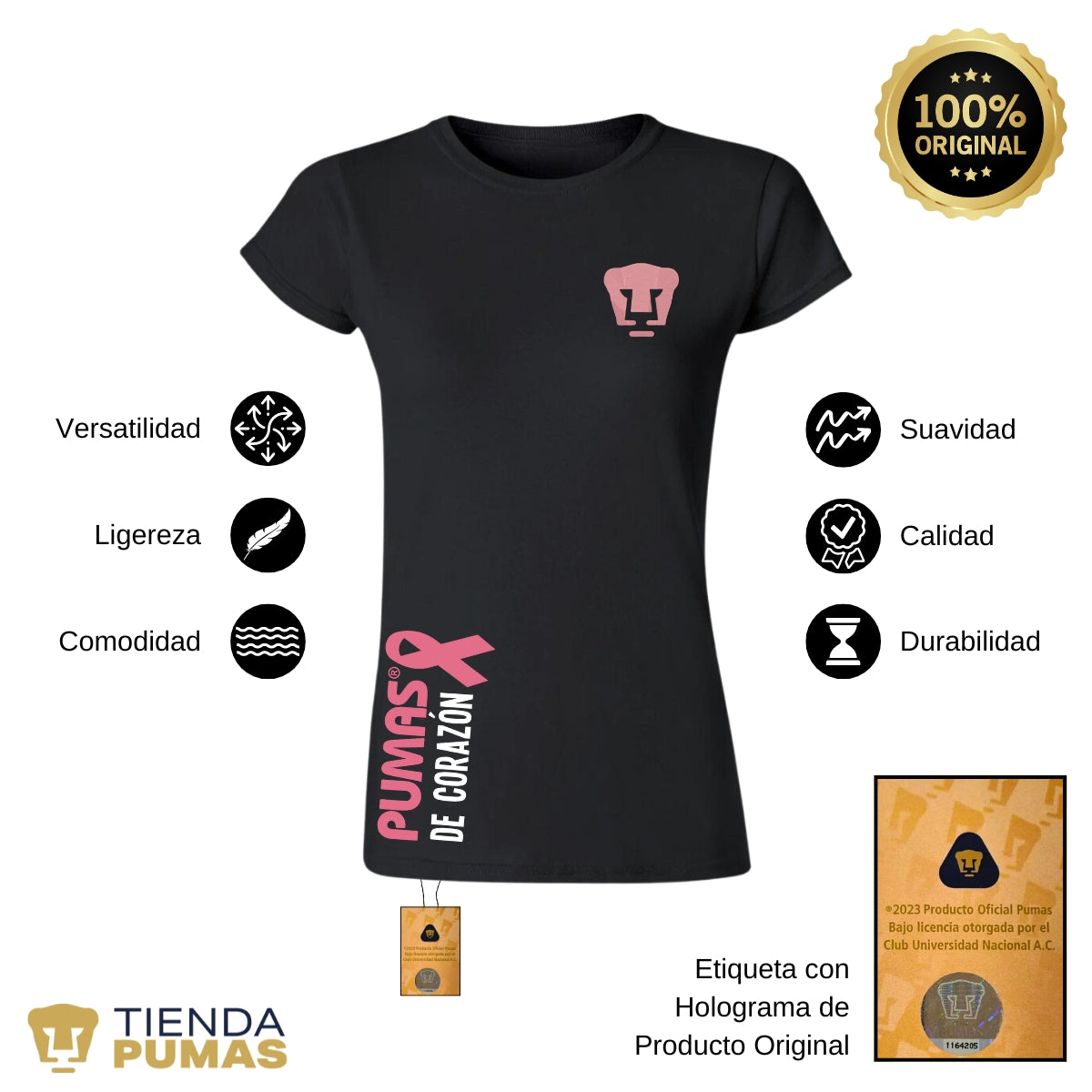 Playera Mujer Pumas UNAM De corazón logo rosa