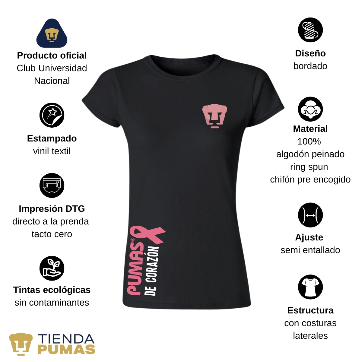 Playera Mujer Pumas UNAM De corazón logo rosa