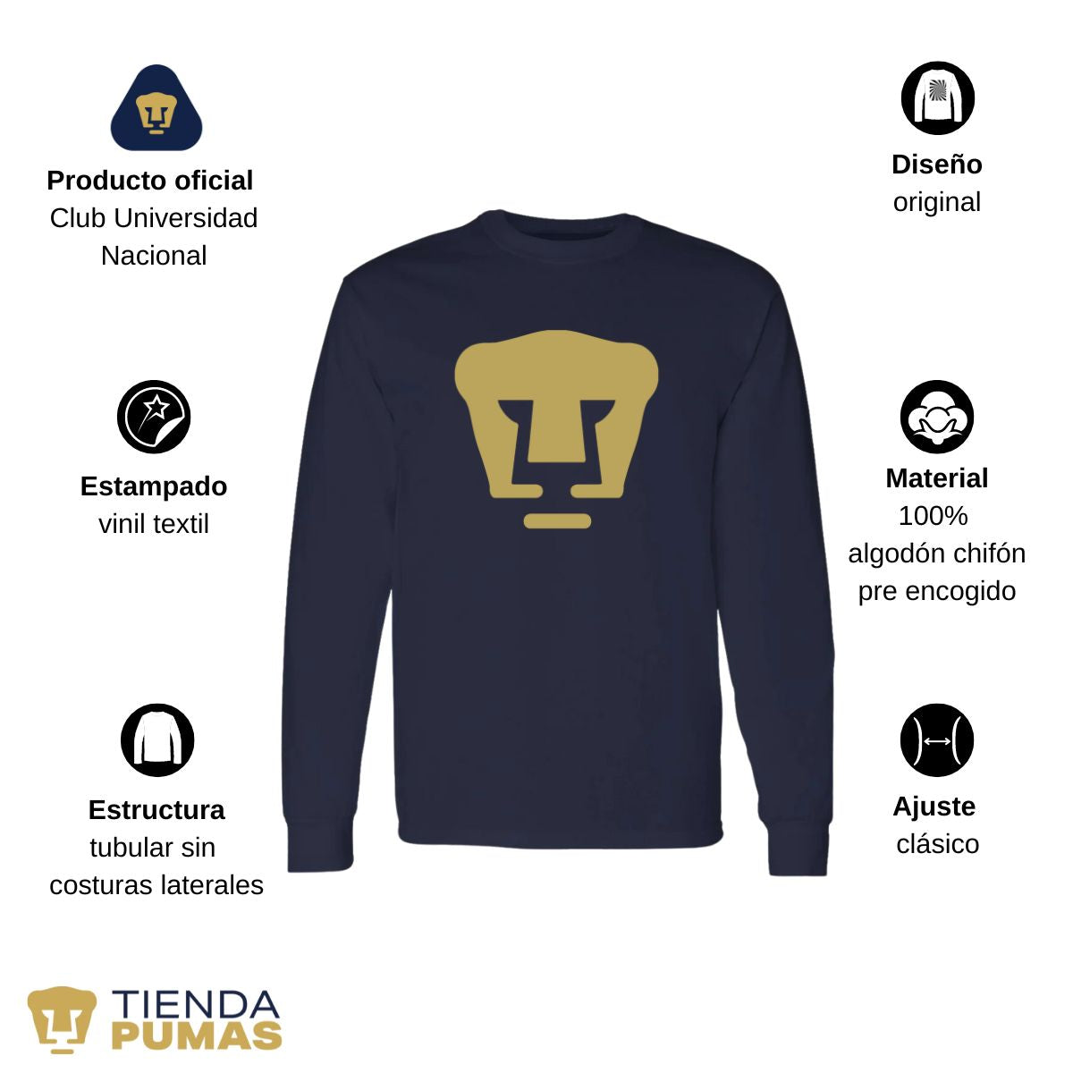 Playera Hombre Pumas UNAM Manga Larga Logo Vinil Dorado