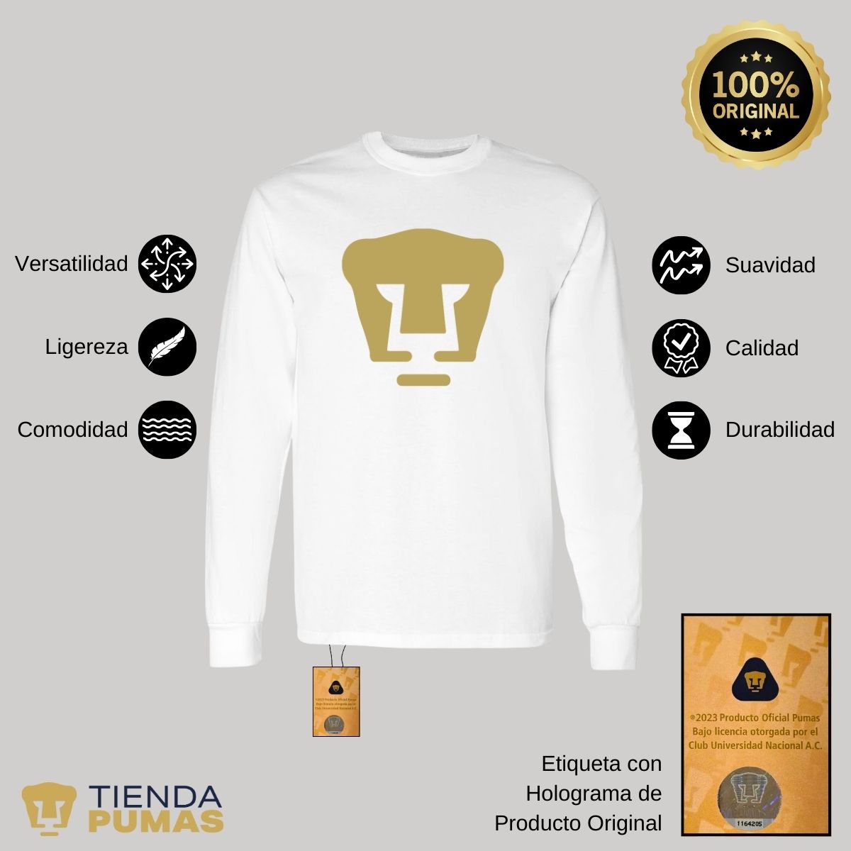 Playera Hombre Pumas UNAM Manga Larga Logo Vinil Dorado