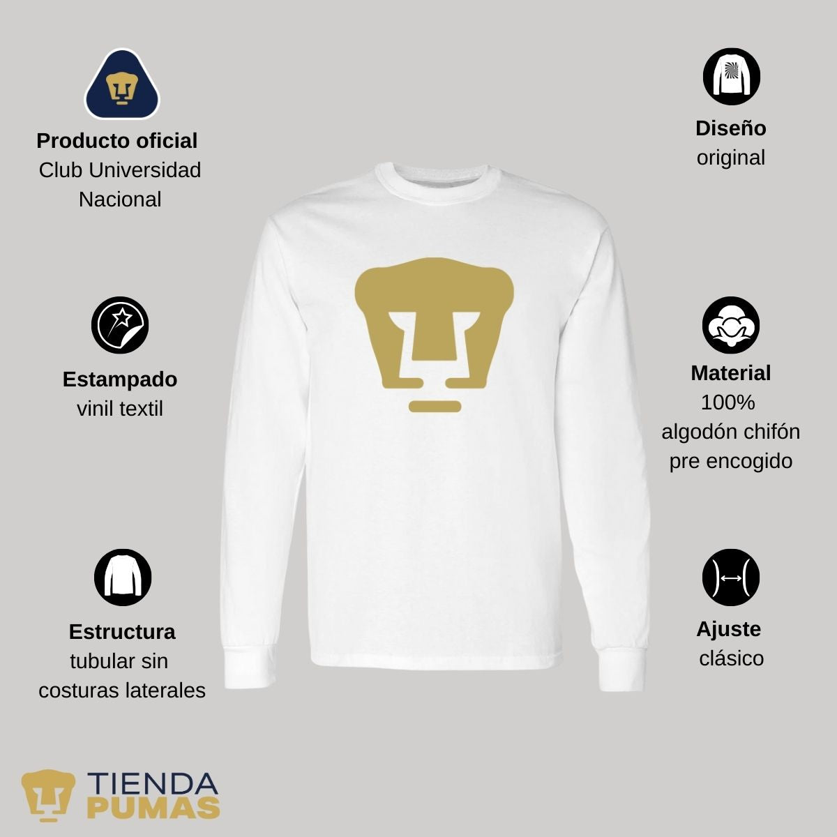 Playera Hombre Pumas UNAM Manga Larga Logo Vinil Dorado