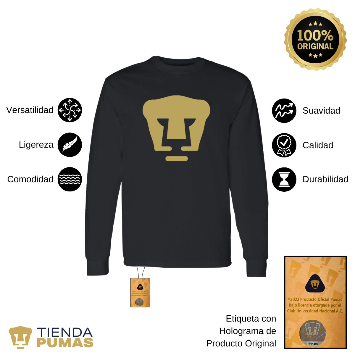 Playera Hombre Pumas UNAM Manga Larga Logo Vinil Dorado