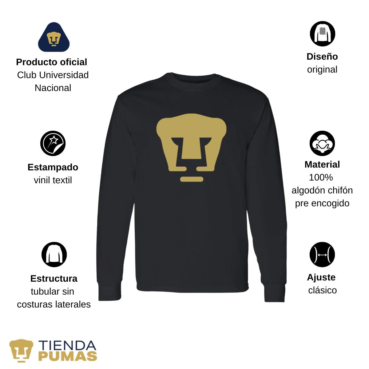 Playera Hombre Pumas UNAM Manga Larga Logo Vinil Dorado