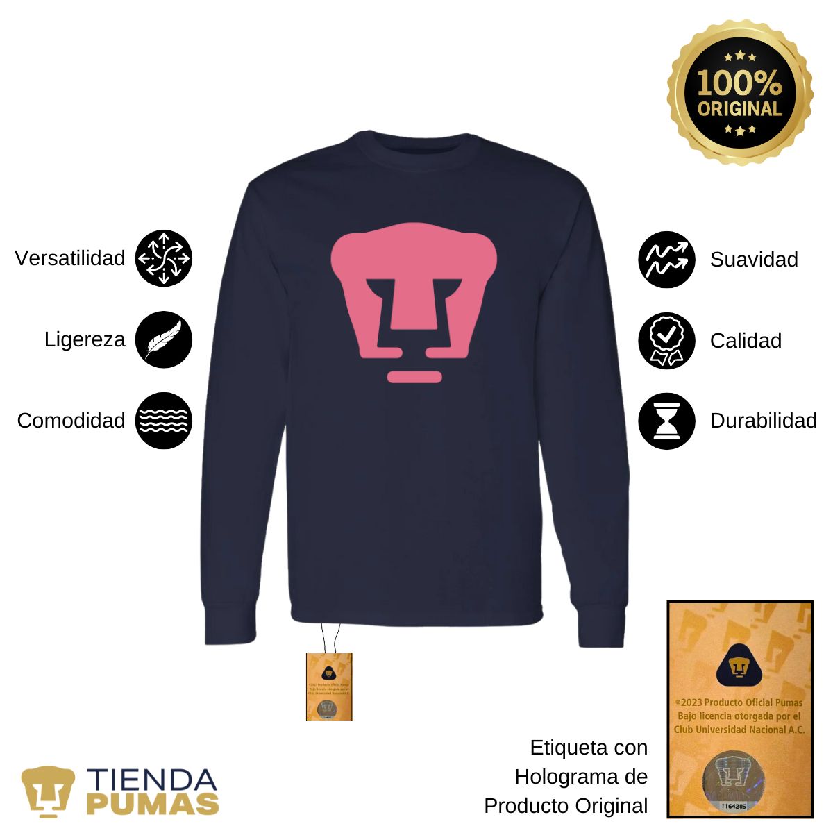 Playera Hombre Pumas Logo Rosa Manga Larga