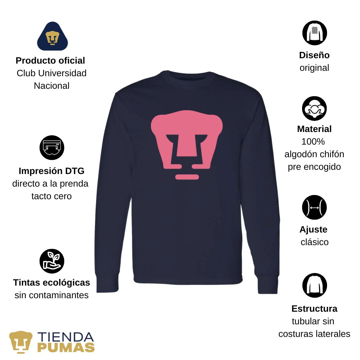 Playera Hombre Pumas Logo Rosa Manga Larga