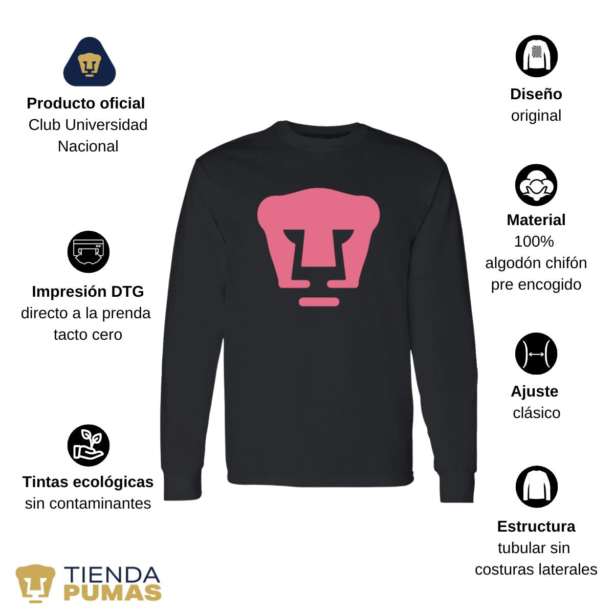 Playera Hombre Pumas Logo Rosa Manga Larga