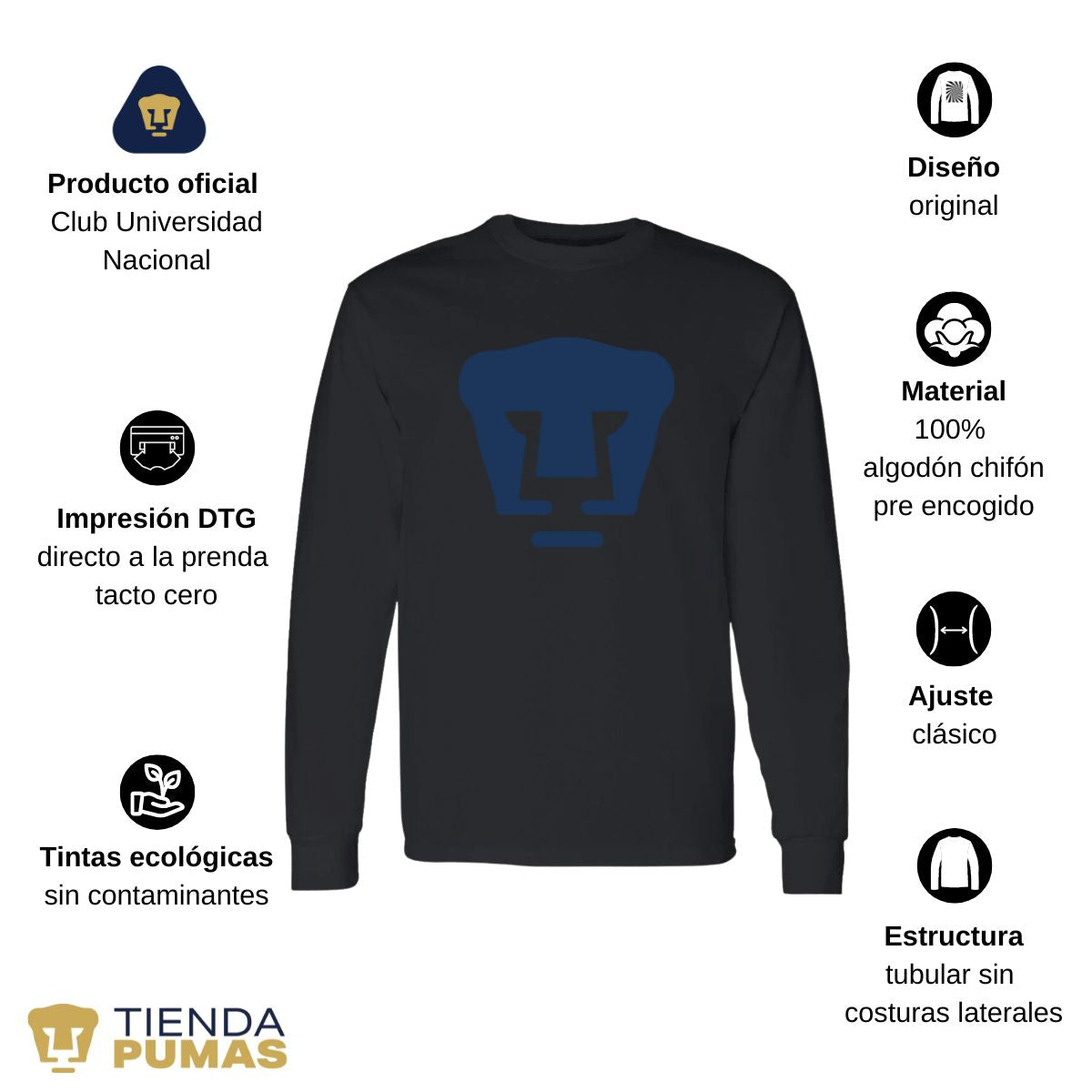 Playera Hombre Pumas Logo Azul Manga Larga