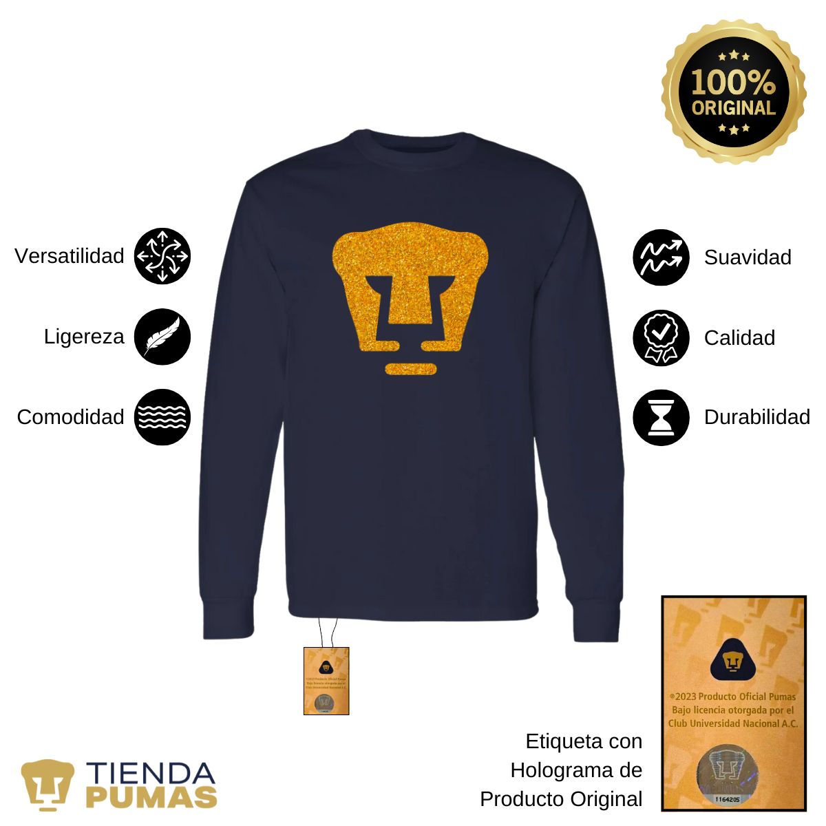 Playera Hombre Pumas UNAM Manga Larga Logo Dorado Glitter Vinil