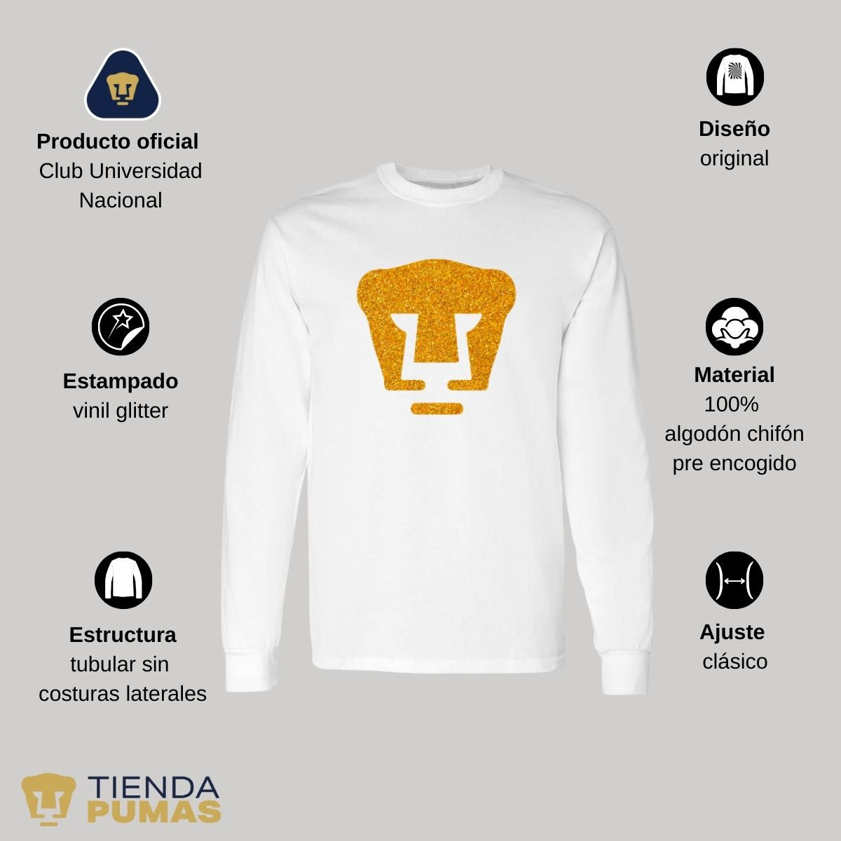 Playera Hombre Pumas UNAM Manga Larga Logo Dorado Glitter Vinil