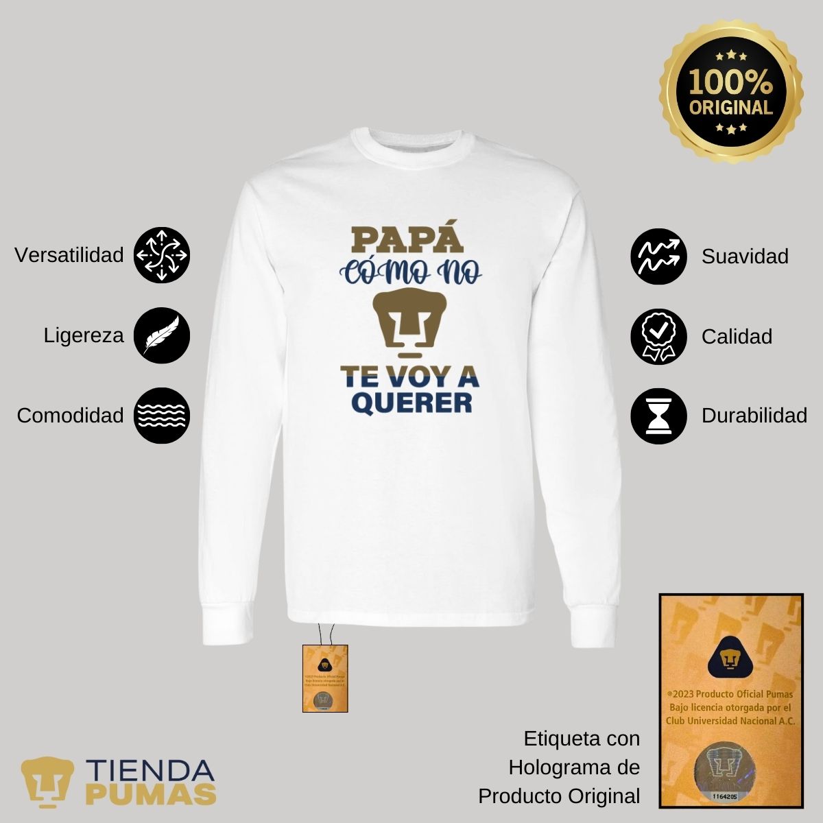 Playera Hombre Pumas UNAM Manga Larga Papá cómo no te voy a querer