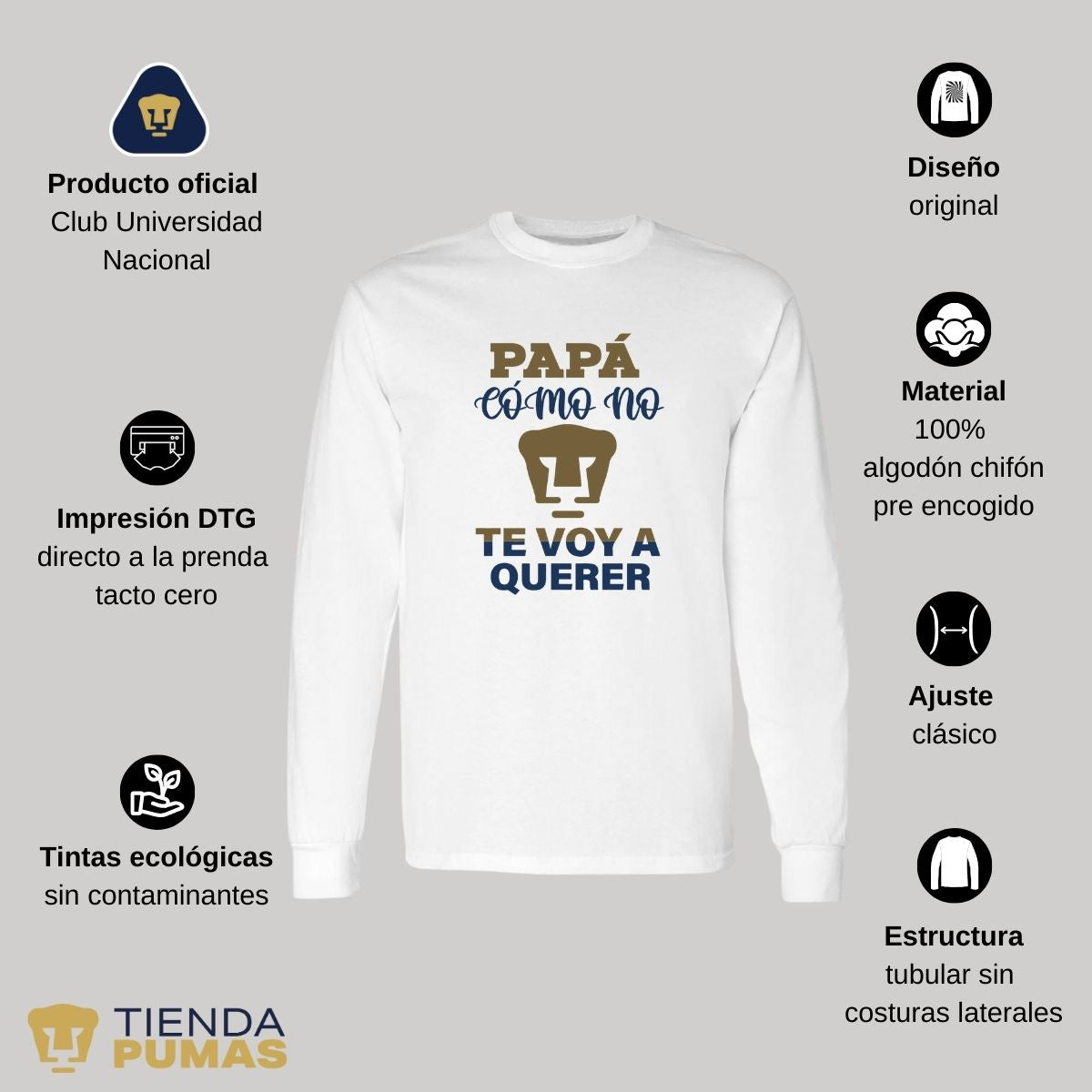 Playera Hombre Pumas UNAM Manga Larga Papá cómo no te voy a querer