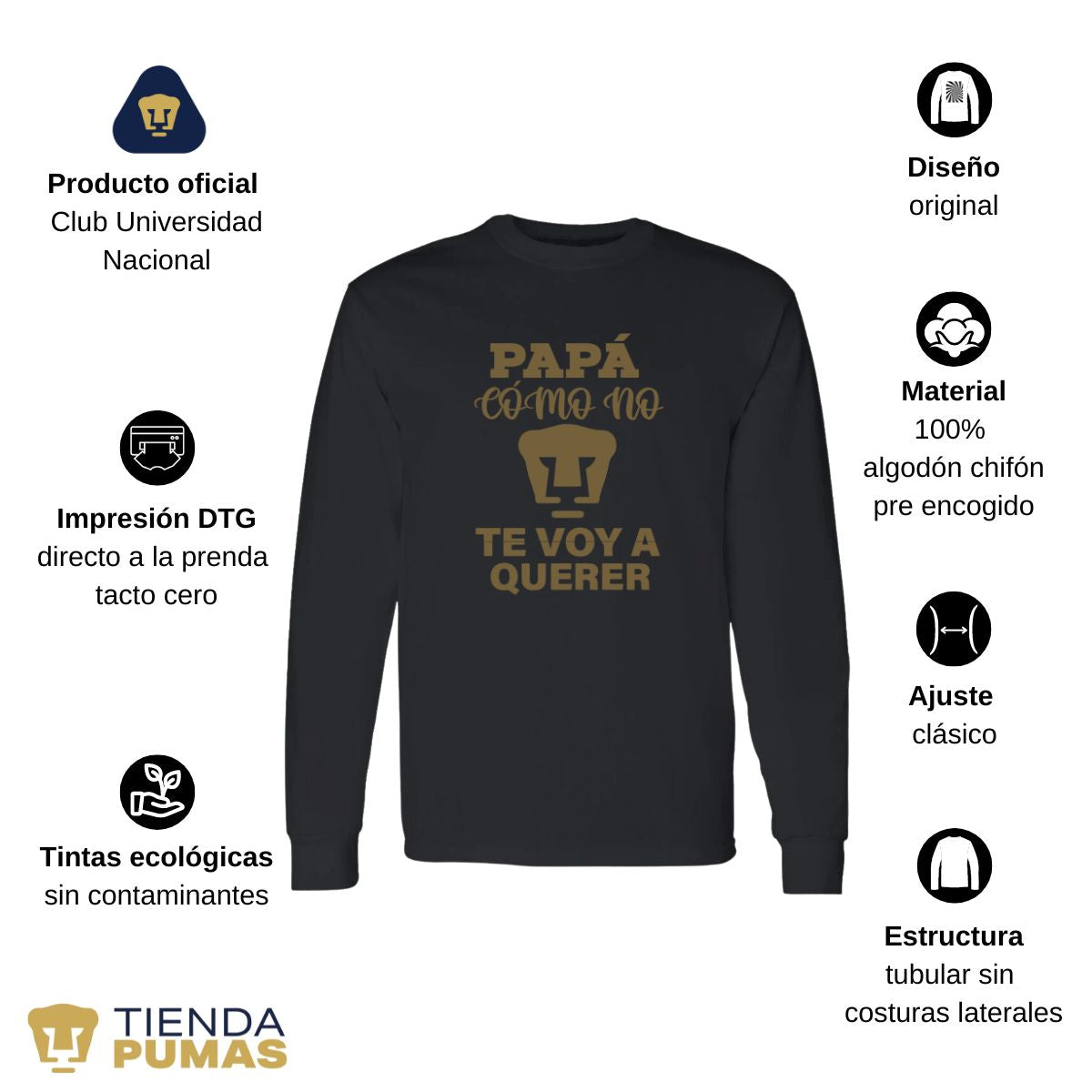 Playera Hombre Pumas UNAM Manga Larga Papá cómo no te voy a querer