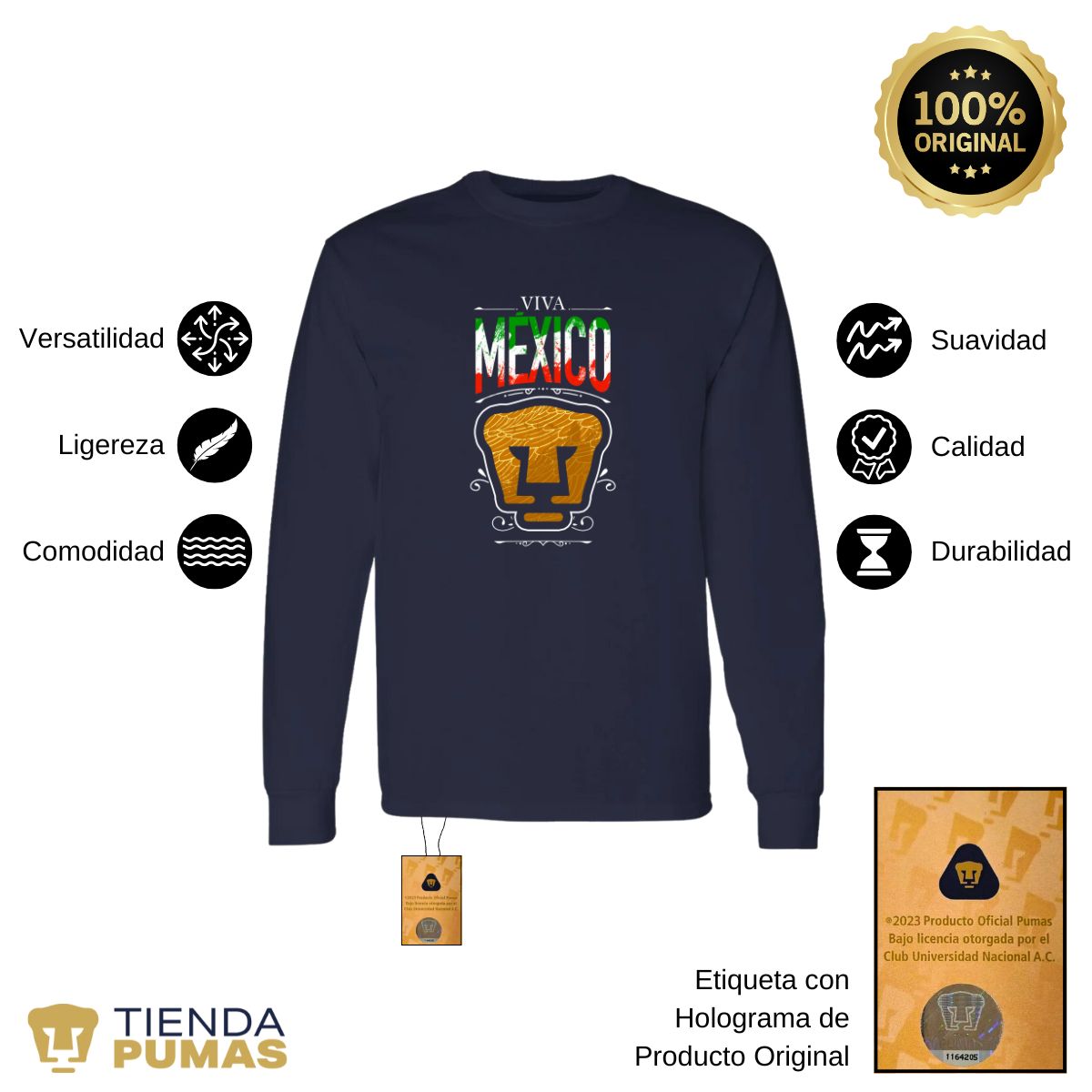 Playera Hombre Pumas UNAM Manga Larga Viva México Escudo