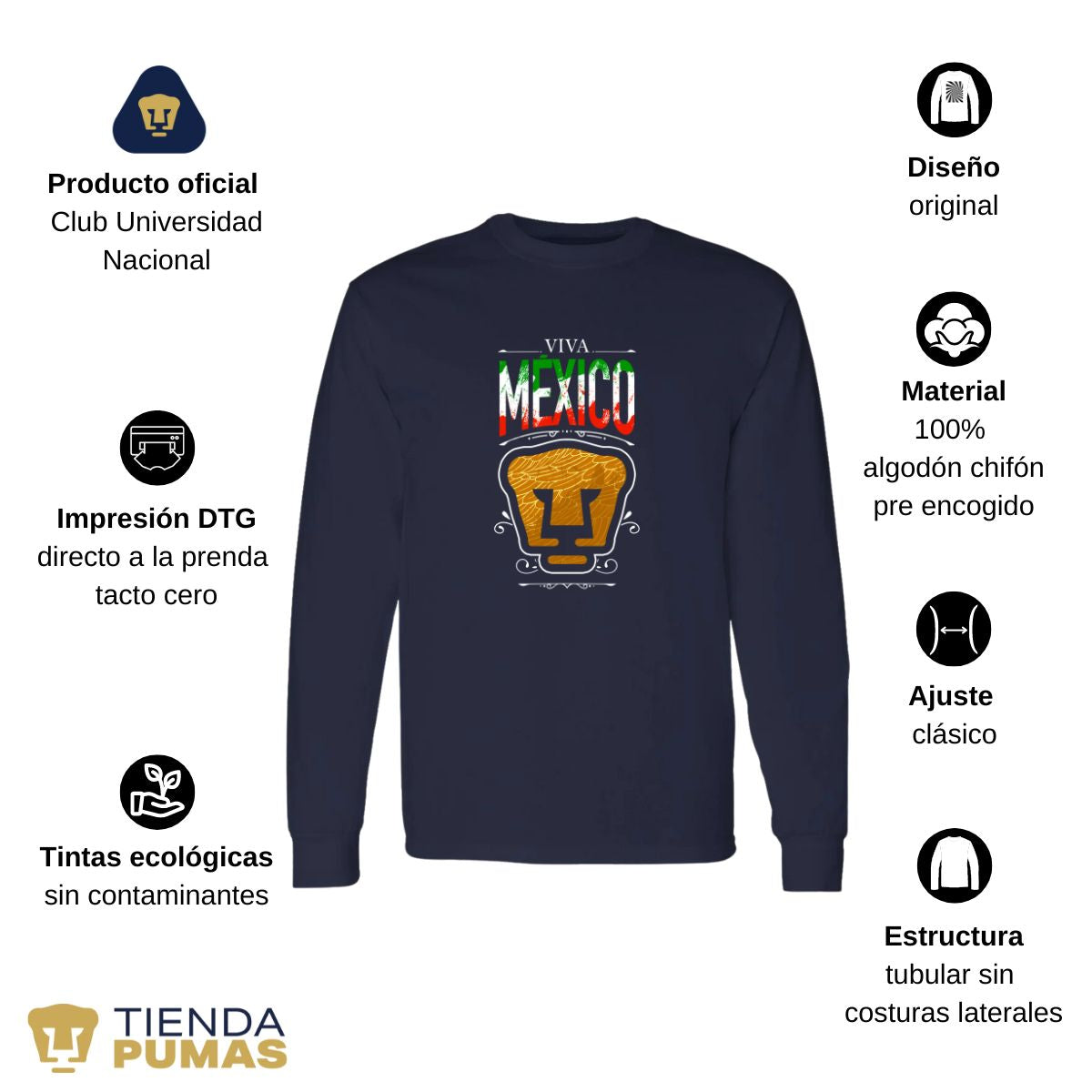 Playera Hombre Pumas UNAM Manga Larga Viva México Escudo