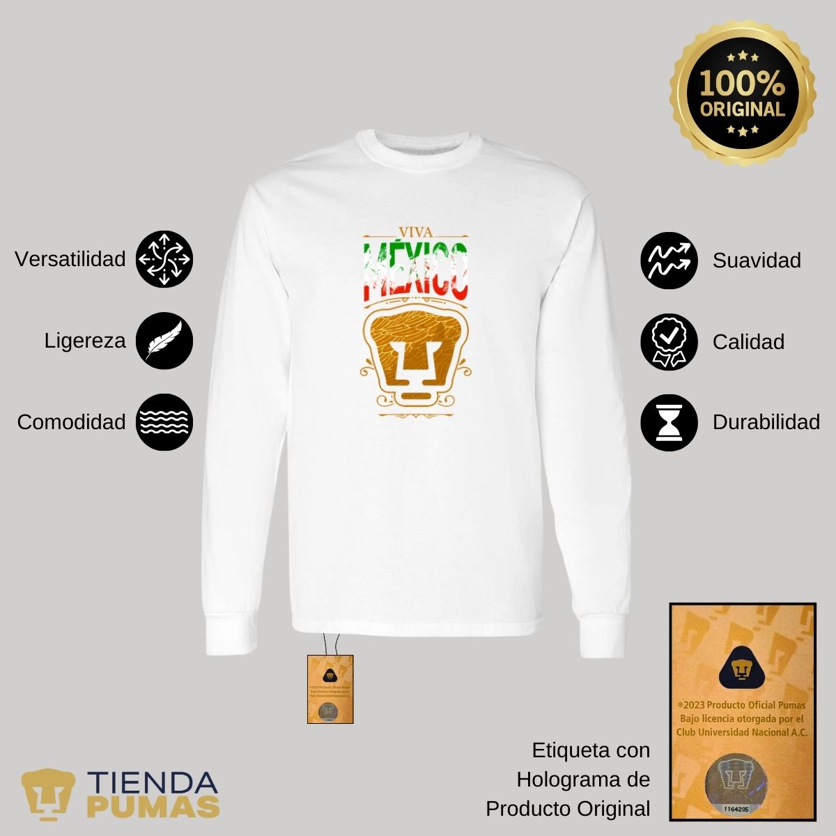 Playera Hombre Pumas UNAM Manga Larga Viva México Escudo