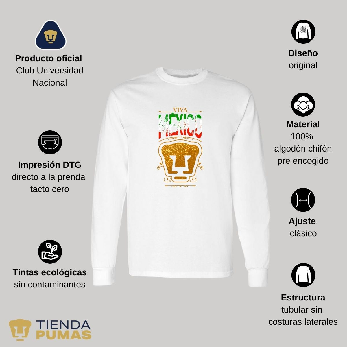 Playera Hombre Pumas UNAM Manga Larga Viva México Escudo