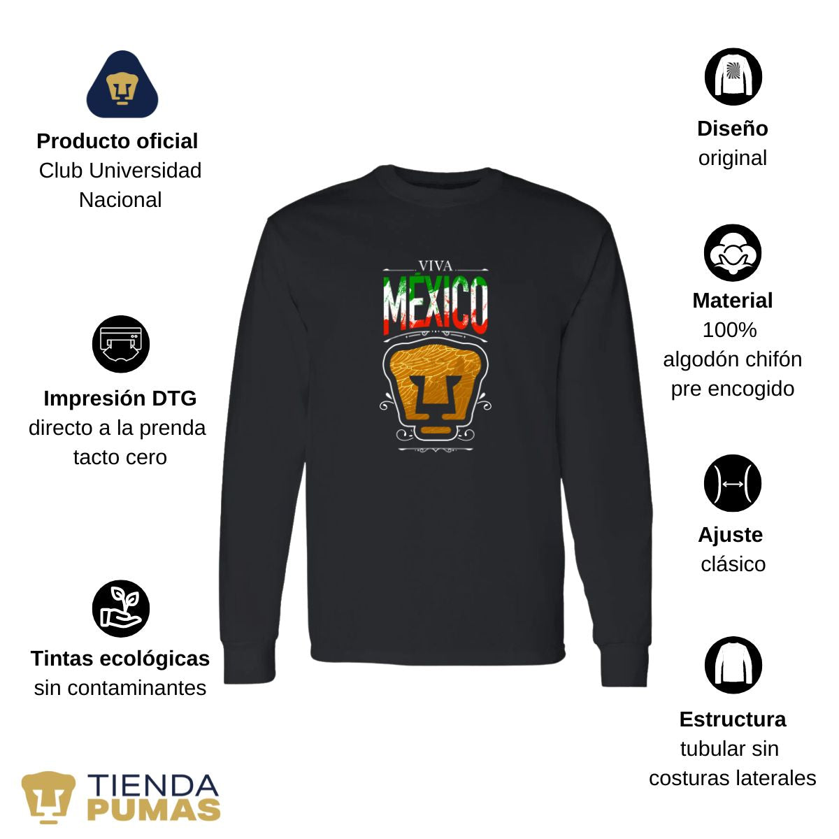 Playera Hombre Pumas UNAM Manga Larga Viva México Escudo