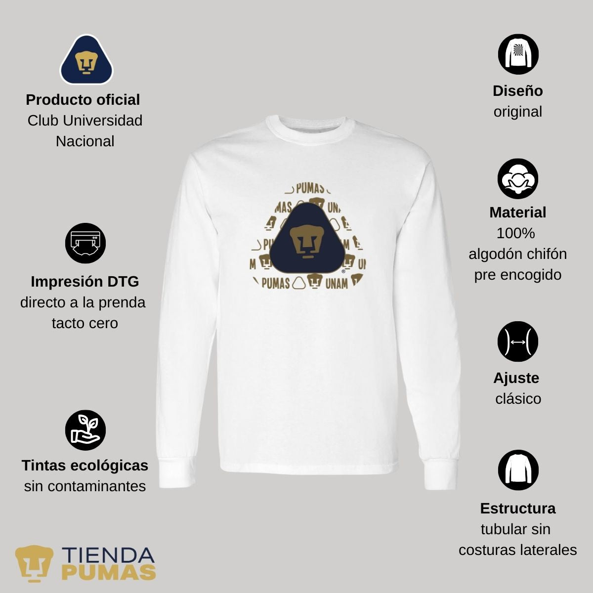 Playera Hombre Pumas UNAM Manga Larga Triangular porras