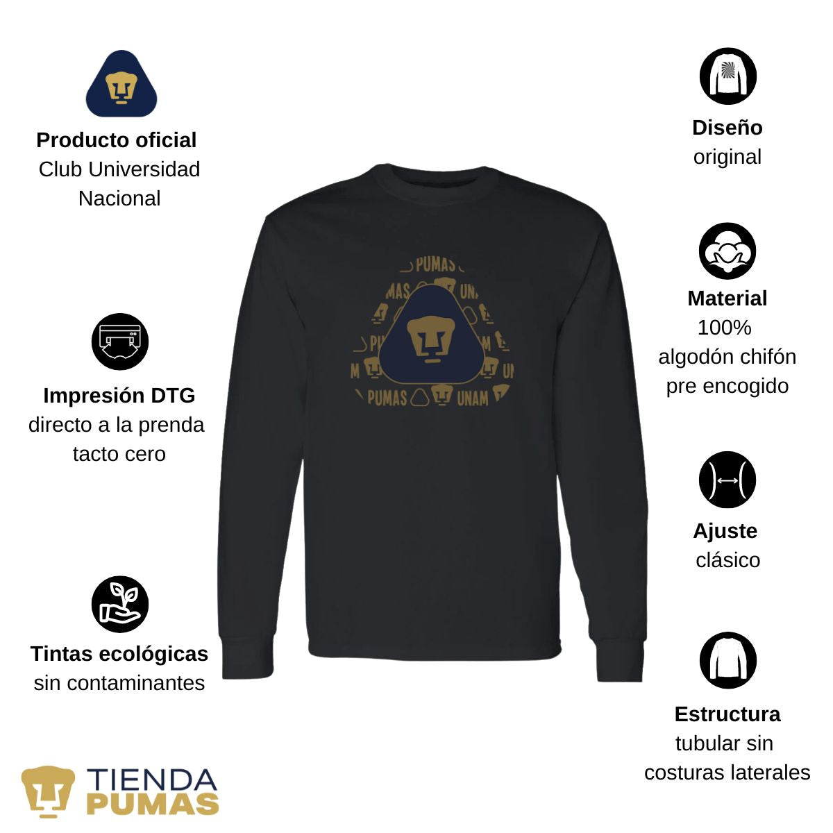 Playera Hombre Pumas UNAM Manga Larga Triangular porras