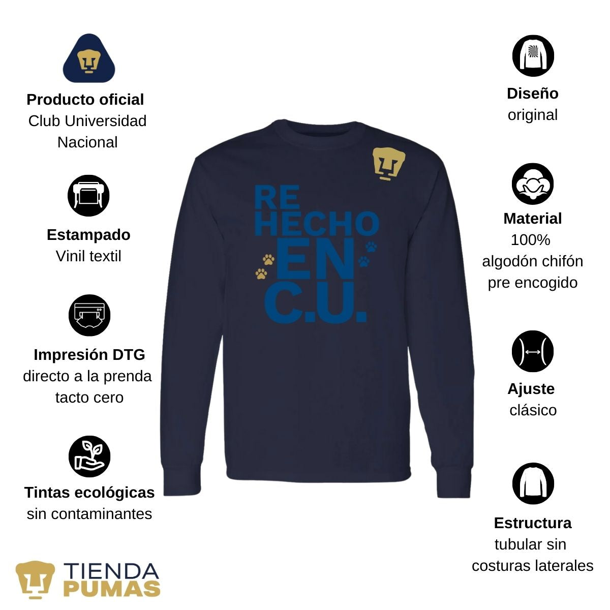 Playera Hombre Pumas UNAM Manga Larga Rehecho en C.U. DTG-Vinil