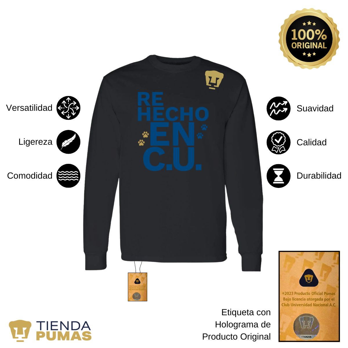 Playera Hombre Pumas UNAM Manga Larga Rehecho en C.U. DTG-Vinil