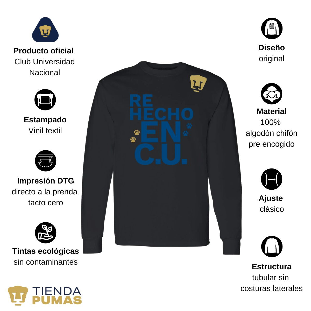 Playera Hombre Pumas UNAM Manga Larga Rehecho en C.U. DTG-Vinil