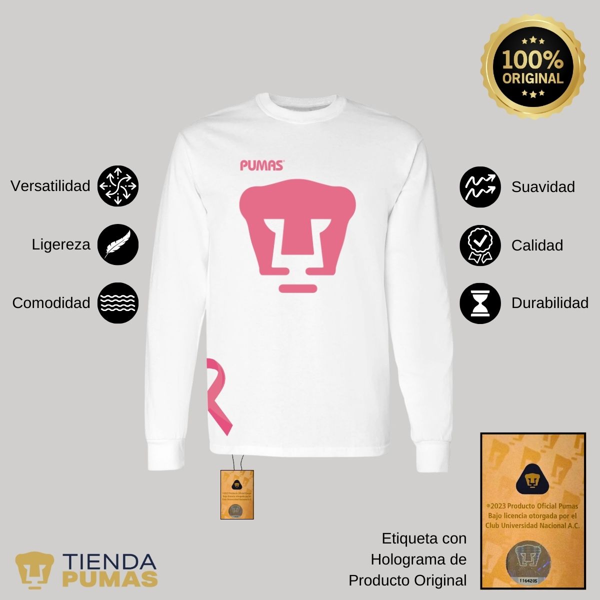 Playera Hombre Pumas UNAM Manga Larga Mes Rosa