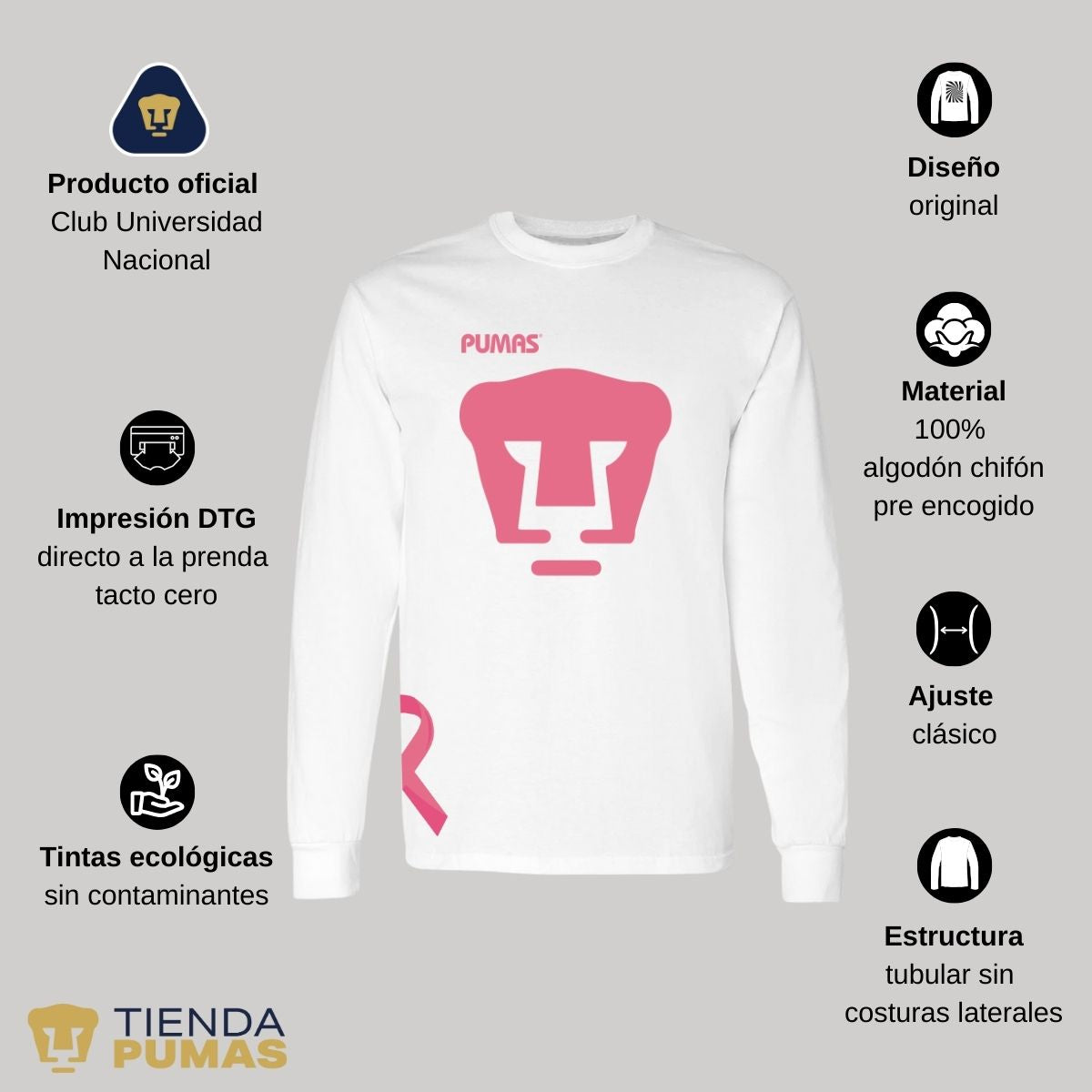 Playera Hombre Pumas UNAM Manga Larga Mes Rosa