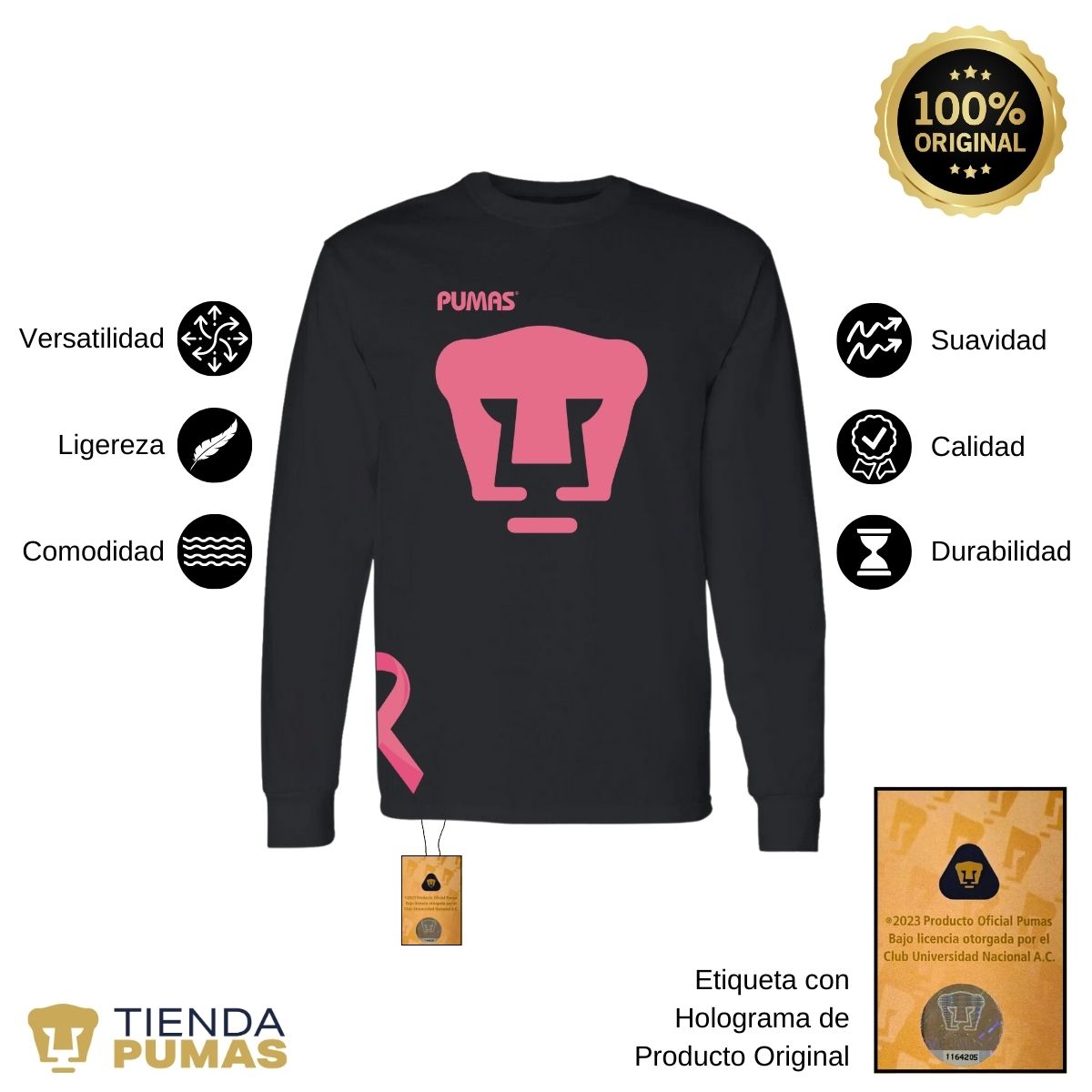 Playera Hombre Pumas UNAM Manga Larga Mes Rosa