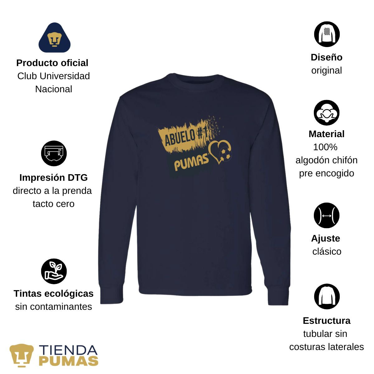 Playera Hombre Pumas UNAM Manga Larga Abuelo No 1