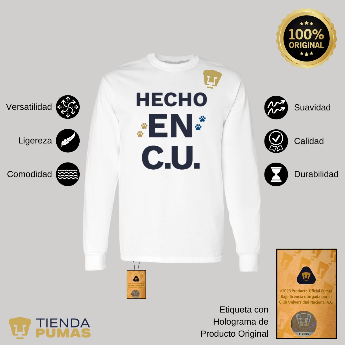 Playera Hombre Pumas UNAM Manga Larga Hecho en C.U. DTG-Vinil