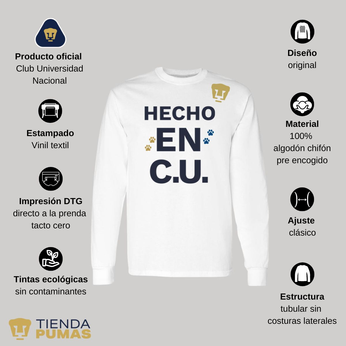 Playera Hombre Pumas UNAM Manga Larga Hecho en C.U. DTG-Vinil