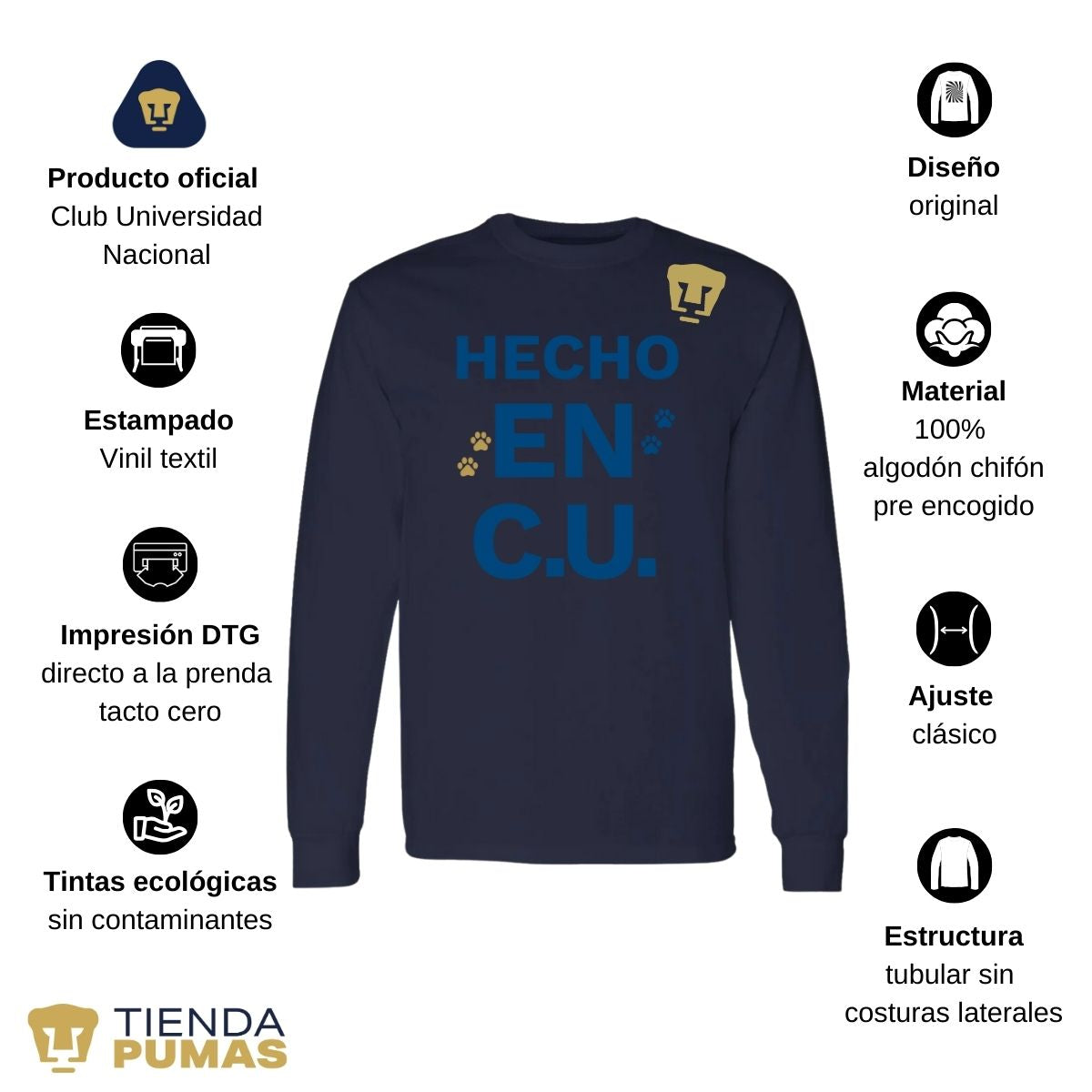 Playera Hombre Pumas UNAM Manga Larga Hecho en C.U. DTG-Vinil