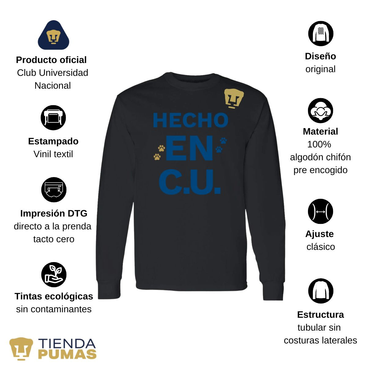 Playera Hombre Pumas UNAM Manga Larga Hecho en C.U. DTG-Vinil