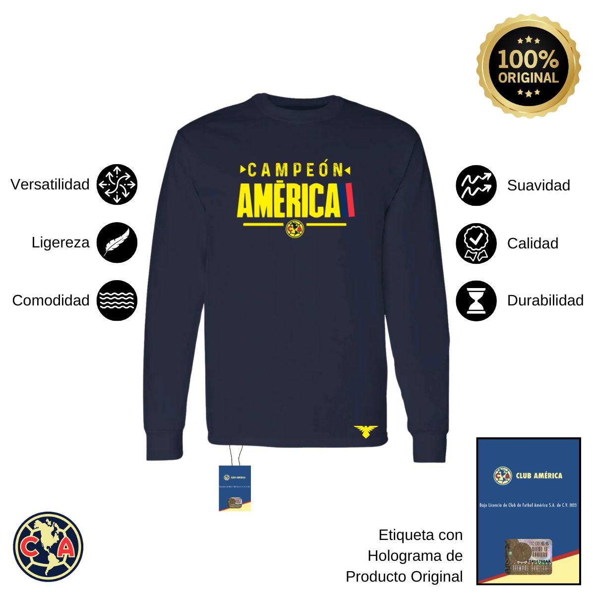 Playera Hombre América Manga Larga Campeón