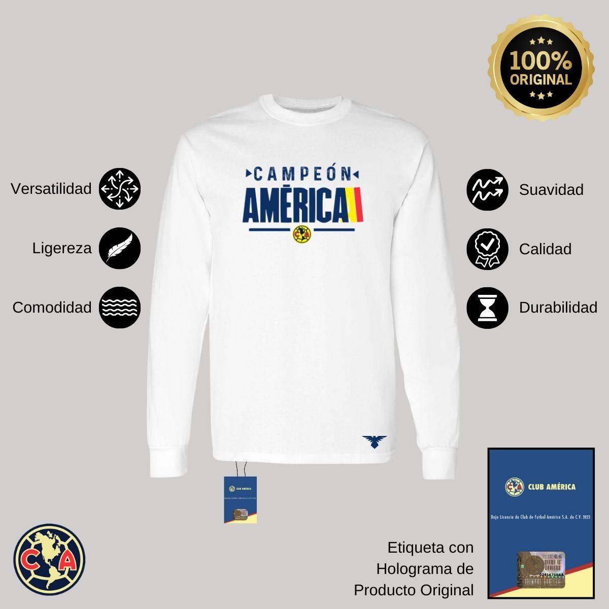 Playera Hombre América Manga Larga Campeón