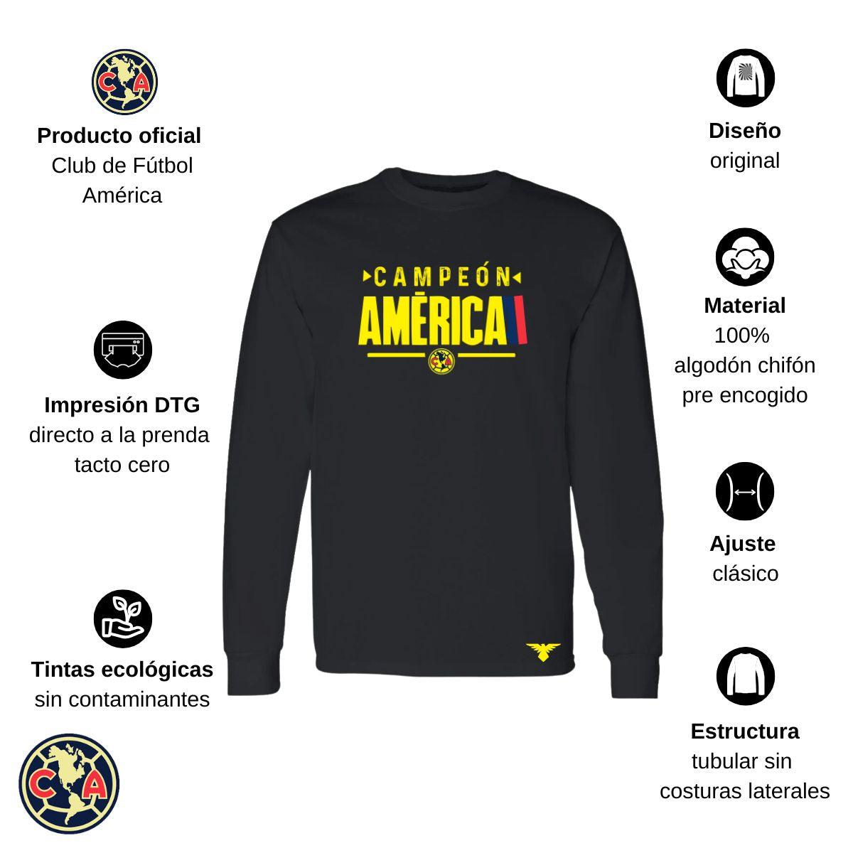 Playera Hombre América Manga Larga Campeón