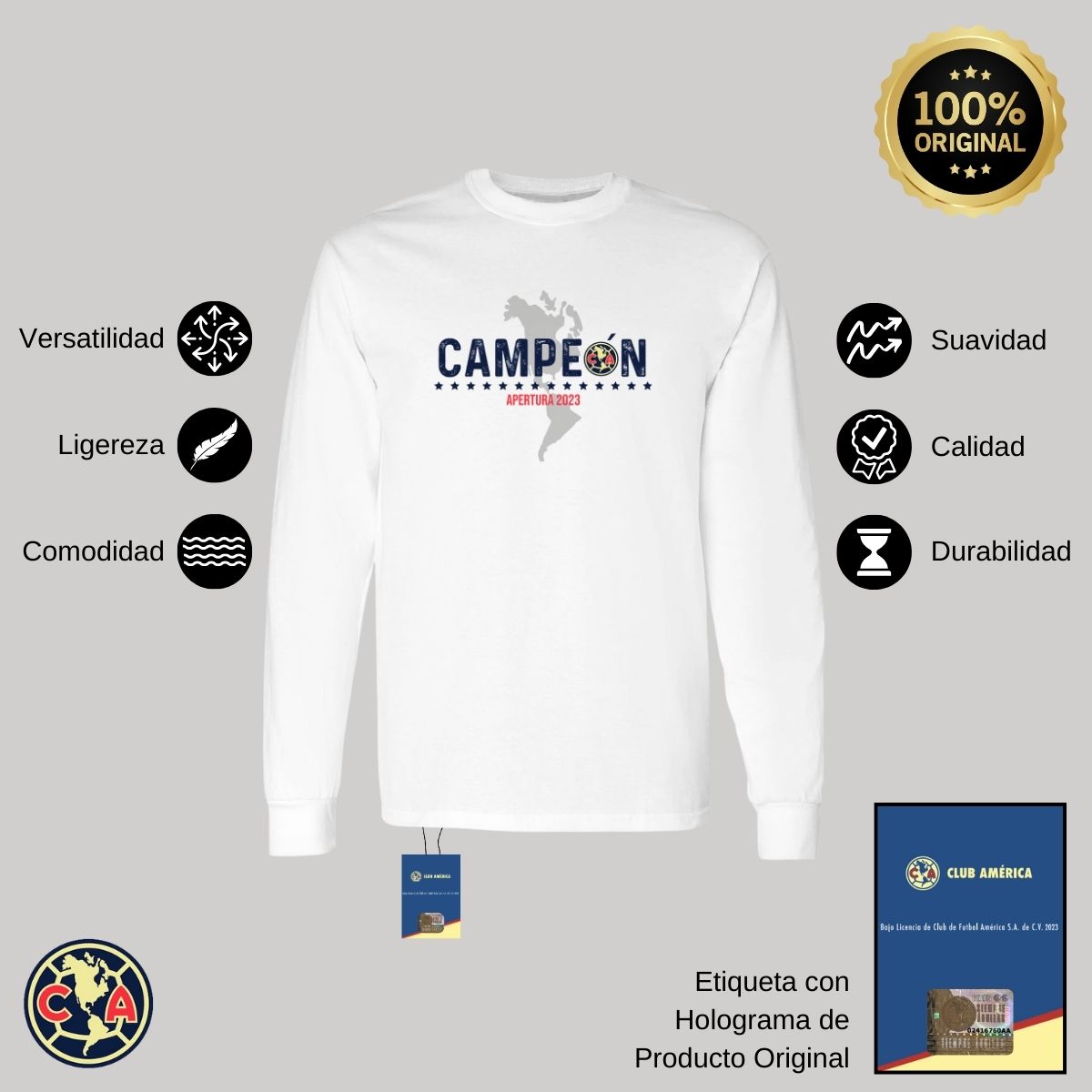 Playera Hombre América Manga Larga Campeón AP 2023